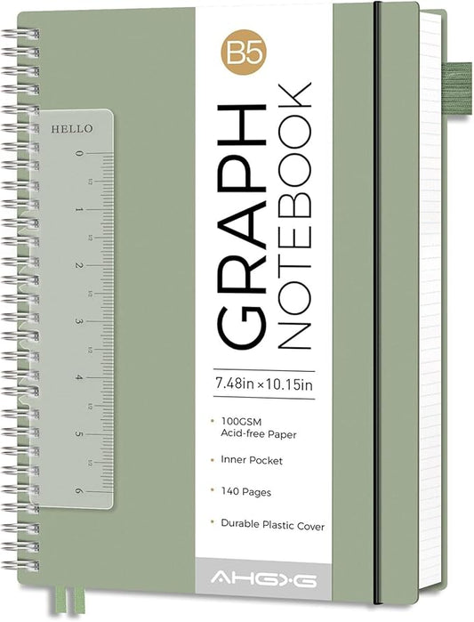 AHGXG Graph Paper Notebook - Spiral Notebook Journal 7.6" x 10", B5 Large Graph Notebook, 140 Pages, 100 gsm Thick Grid Paper, Waterproof Plastic Cover, for School Writing Engineering, Sage Green