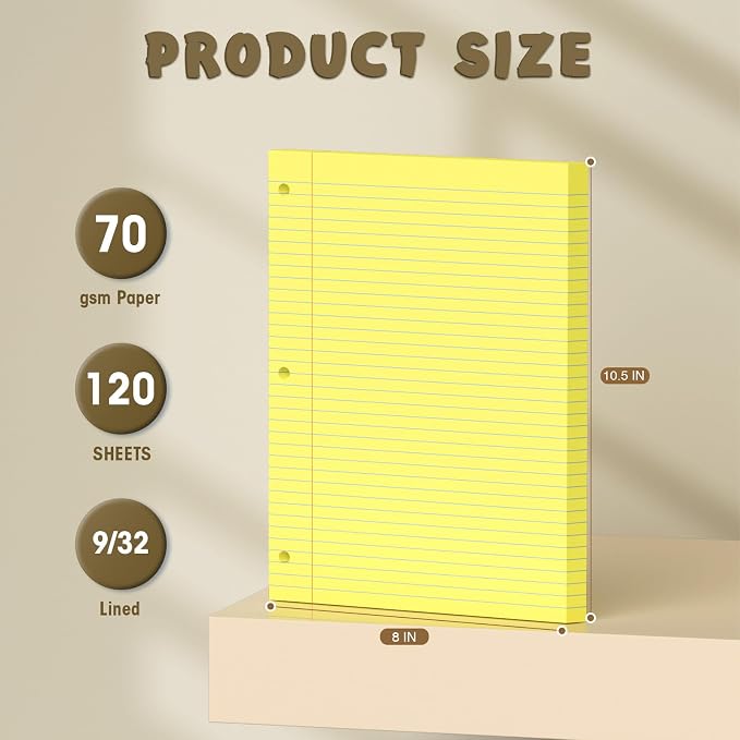 120 Sheets Yellow 8x10.5 Inch Loose Leaf Paper, College Ruled Filler Paper, 3 Hole Punched Notebook Paper for 3 Ring Binder, Premium Notebooks Paper for Students & Teachers, Office & School Supplies