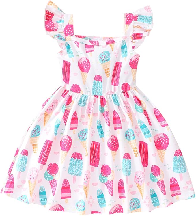 Popshion Girls Dresses Flutter Sleeve Swing Sundress Toddler Summer Clothes Kid Birthday Party Sleeveless Dress 1-8 Years Old