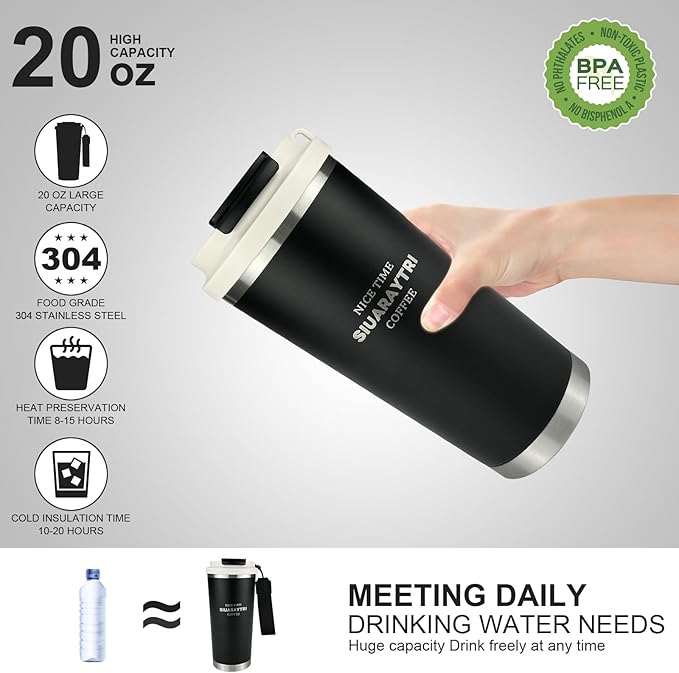 20oz Tumbler Stainless Steel Vacuum Insulated Coffee Travel Mug Reusable Iced Coffee Cup Hot Coffee Travel Mug with lid and straw Cupholder Friendly Leak-Proof BPA Free (Black)