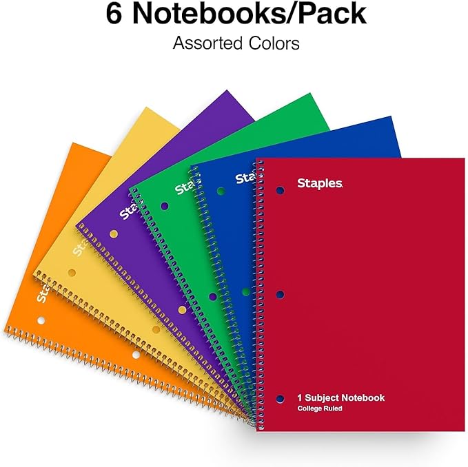 STAPLES 1‑Subject Spiral Notebook, 8” x 10.5”, College Ruled, 70 Sheets, Assorted Colors, 6‑Pack