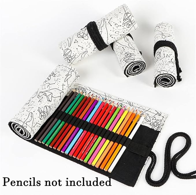 DIYOMR 24/36/72 Slots Pencil Wrap Pencil Rolls, Artist Colored Pencils Roll Up Bag Short Brushes Pouch Case Pencils Organizer for Drawing Coloring and Sketching (White Starry Sky, 72slots)
