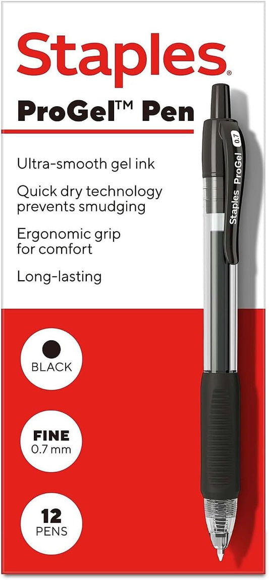 Staples ProGel Retractable Gel Pens, Fine 0.7mm, Black Ink, 12-Pack | Ergonomic design with quick-dry ink for office and school writing.