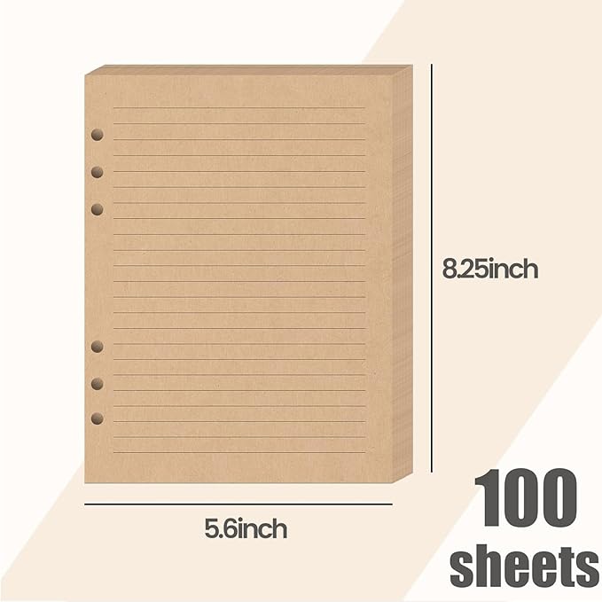 Koogel Filler Paper, 6 Hole Punched, 100 Sheets Loose Leaf College Ruled Lined Notebook Paper, 5.6'' x 8.25'' Filler for Notebooks Journals School Office Writing Supplies, Brown