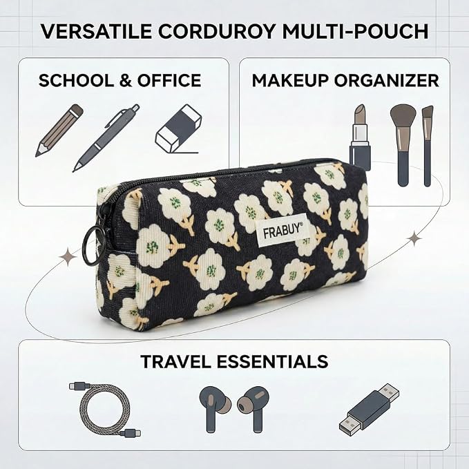 Soft Corduroy Pencil Case Pen Pouch Organizer, Small Stationery Bag | Cute black plum blossom pencil pouch, smooth zipper, daily cosmetics holder, compact organizer for school teen girls, women