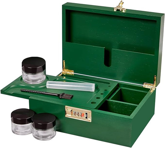 Bamboo Wood Desktop Organizer with 3 Glass Jars and Sliding Tray - Red Multi-Compartment Storage Case for Craft Supplies, Stationery, and Small Accessories (Green)