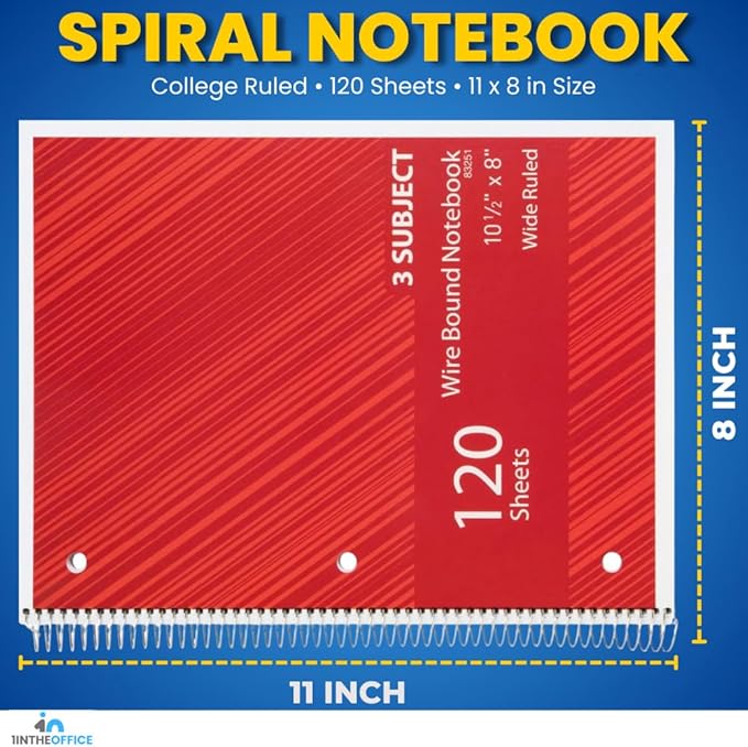 1InTheOffice Spiral Notebook College Ruled 11 x 8, 3-Subject College Ruled Notebooks, Wirebound Spiral Notebooks, 120 Sheets, Assorted Colors, 4 Pack