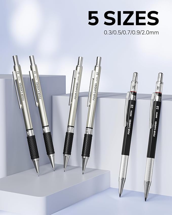 Four Candies 27PCS Mechanical Pencil Set with Case, Art supplies with Metal Pencil 0.3, 0.5, 0.7, 0.9 mm & 2PCS 2mm (HB 2H 2B 4B Color) with 552 Lead Refills, Technical Drawing Kit for Teen & Adults