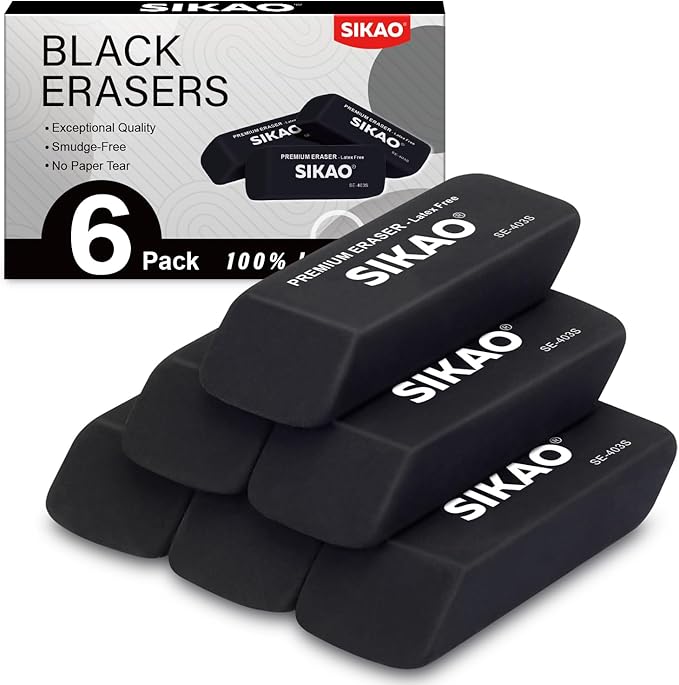 Black Erasers, 6 Pack Pencil Erasers for Kids – Latex-Free & Smudge-Free Beveled Rubber Erasers for School Supplies, Classroom, Office & Homework