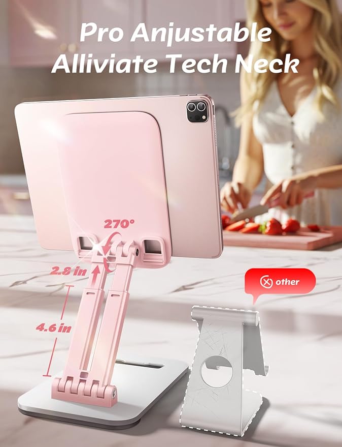 LISEN Tablet Stand for iPad Stand Holder Desk, Foldable Home Office Desk Accessories Travel for iPad Holder Dorm College Essentials Portable Monitor Stand Fits Tabs Kindle iPhone 4-15.9" Black (Pink)