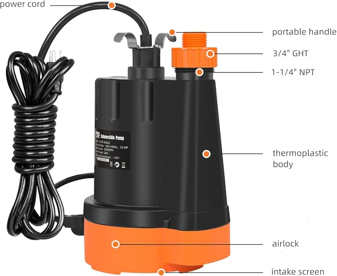 1/3 HP Submersible Water Pump, 2500GPH Utility Pump | Portable Electric Clean Water Drainage Pump for Pool Draining, Flooding, Swimming Pool and Basement
