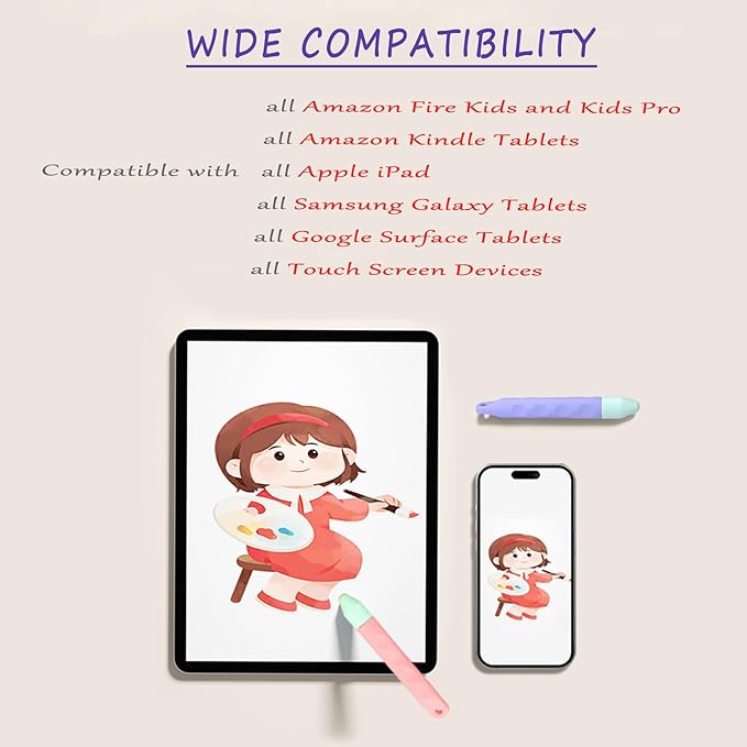 Kid-Friendly Tablet Stylus with Tether, 2 Pack of Pink and Purple Kids Stylus Pen for iPad, Fire Tablet, All AMZ Fire Kids and Kids Pro, Sufface Tablets, Samsung Tablets and All Touch Screen Devices