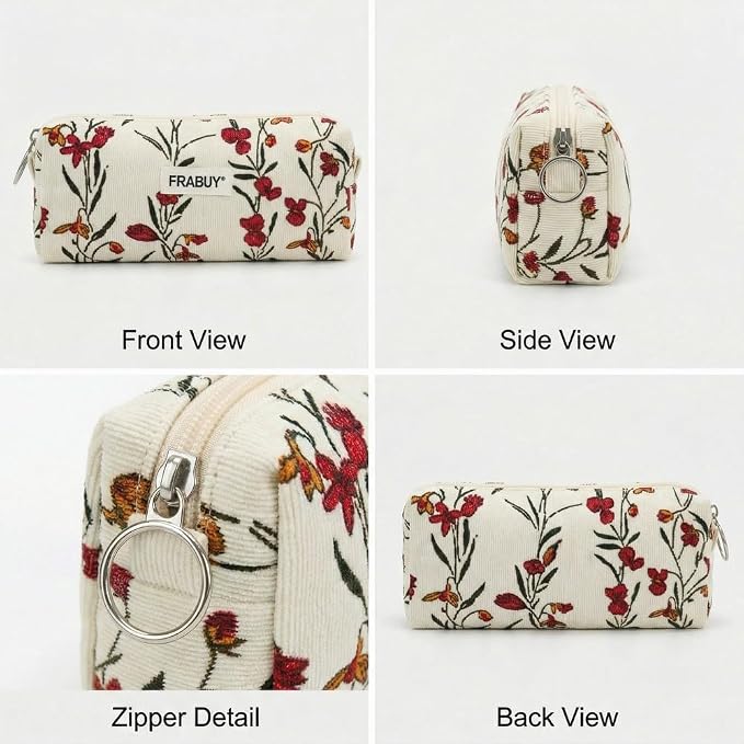 Soft Corduroy Pencil Case Pen Pouch Organizer, Small Stationery Bag | Cute begie wind flower pencil pouch, smooth zipper, daily cosmetics holder, compact organizer for school teen girls, women
