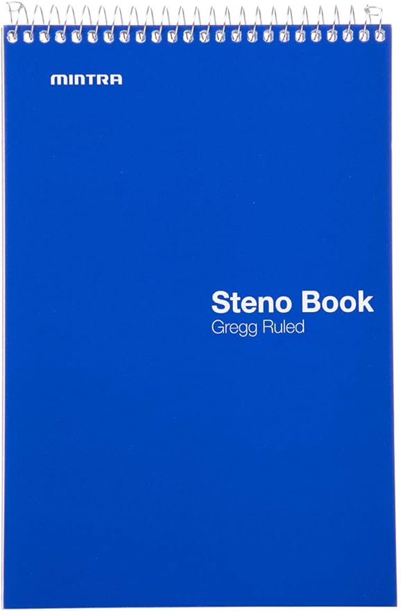 Mintra Office Steno Books Set - Top-Spiral Bound, Gregg Ruled, 70 White Sheets, Poly Primary Color Covered Notebooks for Office, Professional, School & Work, Note-taking, Writing Pads, 6"x9", 4 Pack