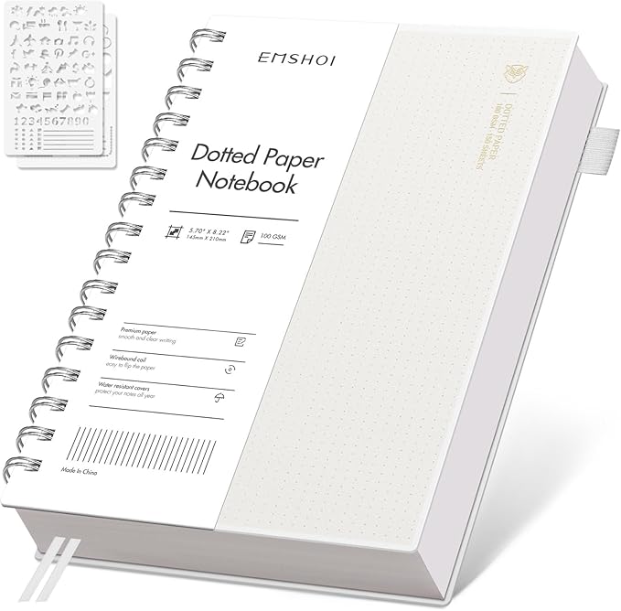 EMSHOI Spiral Notebook Dotted journal, A5 Dotted Grid Notebook with 300 Pages, 100gsm Thick Paper, Waterproof Softcover Notebook for Journaling, 5.7" × 8.22" - Transparent