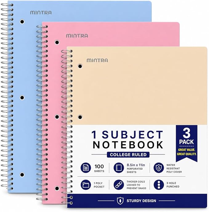 Mintra Office Durable Spiral Notebooks, 1 Subject, (Spring Pink, Sun Yellow, Arctic Ice, College Ruled 3pk)