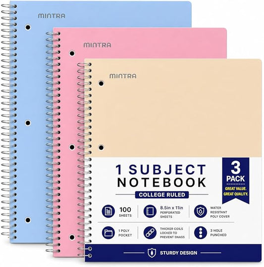 Mintra Office Durable Spiral Notebooks, 1 Subject, (Spring Pink, Sun Yellow, Arctic Ice, College Ruled 3pk)