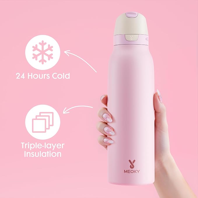 Meoky 24 oz Stainless Steel Slim Water Bottle: 2-in-1 Locking Lid, Blush | Leak Proof, Straw and Spout, 24 Hours Cold, Top Handle, Fits in Car Cup Holder, Insulated Water Bottle for Backpack