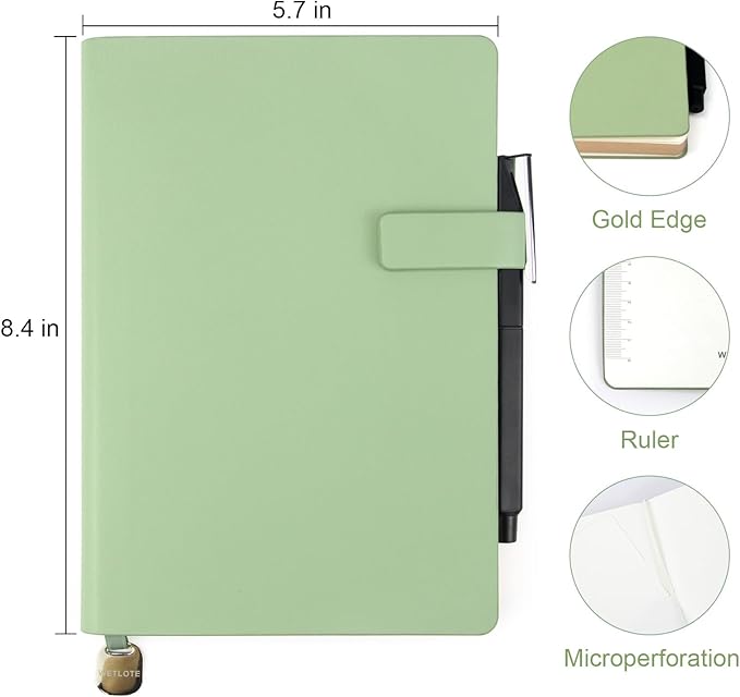 Soft Cover Leather Journal Notebook A5 Lined 212 Pages 5x8.25 Inches with Strap Closure Travel Work School Writing Journaling Notebooks for Women Men Gift Box Packaging Grass Green