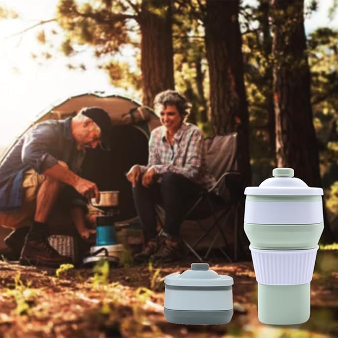 Collapsible Travel Coffee Cups Set of 2 - Silicone Foldable Mugs with Leakproof Lids, BPA Free, Microwave and Dishwasher Safe - 10oz (300ml) for Travel, Office, Camping