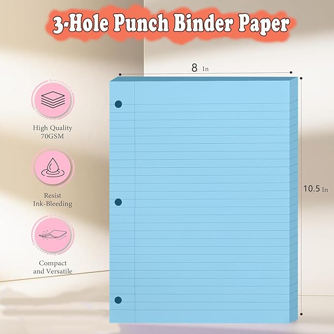 Loose Leaf Paper, 300 Sheets, Wide Ruled, 8" x 10.5", 6 Pack, 70gsm Notebook Paper Filler Sheets, 3 Hole Punched, 50 Sheets/Pack, Wide Ruled Office Filler Writing Notepads for 3 Ring Binder, Blue