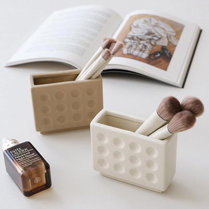 Abstract Square Face Pen Holder, Modern and Minimalistic Desk Accessories (Matte Crème)