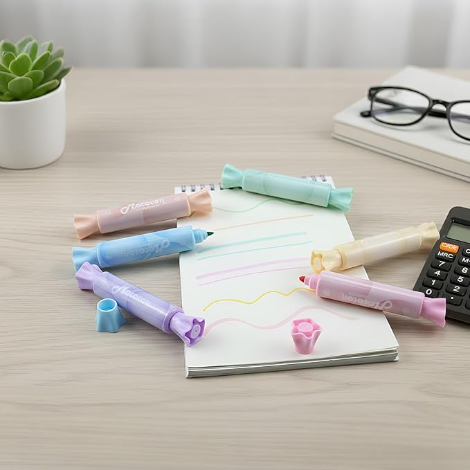 6 Pack Cute Candy Shaped Highlighters, Dual Tip Pastel Highlighter, Assorted Colors Marker Pen for Journals Planners Books Notes, Quick Dry, Write Smoothly, Macaron Colors