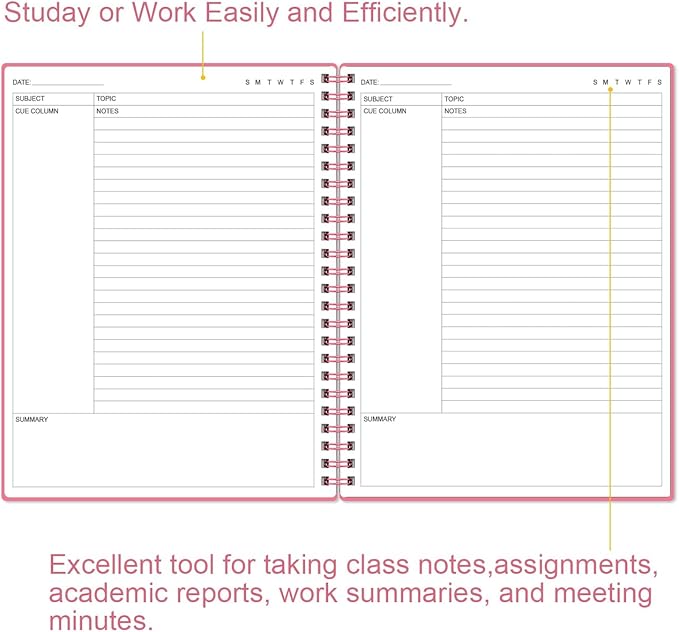 Yaridar A4 Cornell Notes Notebook - College Spiral Cornell Notebooks for Note Taking, Subject Ruled Steno Pads for Office/School/College/Home, 8.5" x 11", Pink