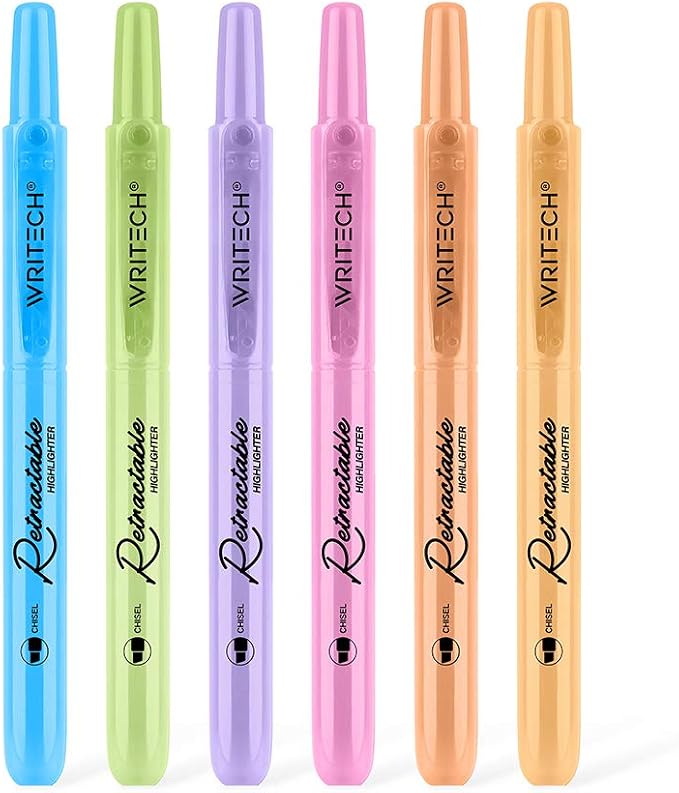 WRITECH Retractable Highlighters Assorted Colors: Chisel Tip 6ct Pastel Set | Aesthetic Pens Pack Multi Colored Ink No Bleed & Smear for Highlighting Journaling Drawing Coloring Note-taking Home Office