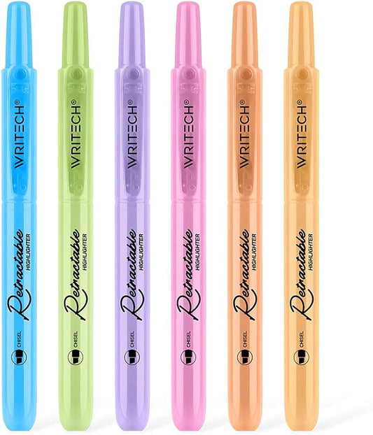 WRITECH Retractable Highlighters Assorted Colors: Chisel Tip 6ct Pastel Set | Aesthetic Pens Pack Multi Colored Ink No Bleed & Smear for Highlighting Journaling Drawing Coloring Note-taking Home Office