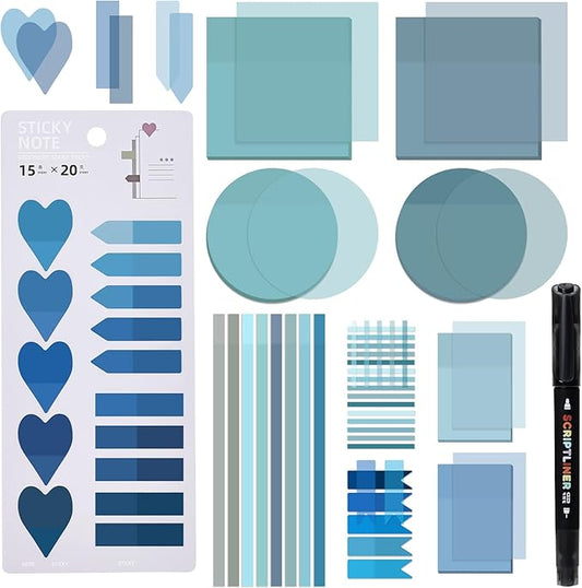 Temiary 1160 Sheets Transparent Sticky Notes with Pen, 3 x 3 Inch Waterproof See Through Clear Sticky Note with Index Tabs Set for Annotating Journaling, Bible Study Book Annotation (Blue)