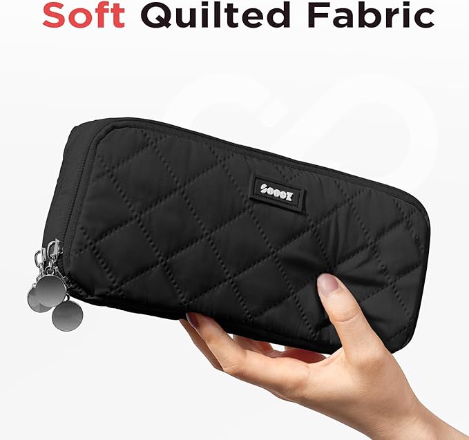 Sooez Large Pencil Case Pouch, Extra Big Pencil Bag with 8 Compartments, Pen Bag Wide Opening, Soft Quilted Pencil Pouch Organizer with Zipper, Portable Pencil Case for Teen Girls, Black