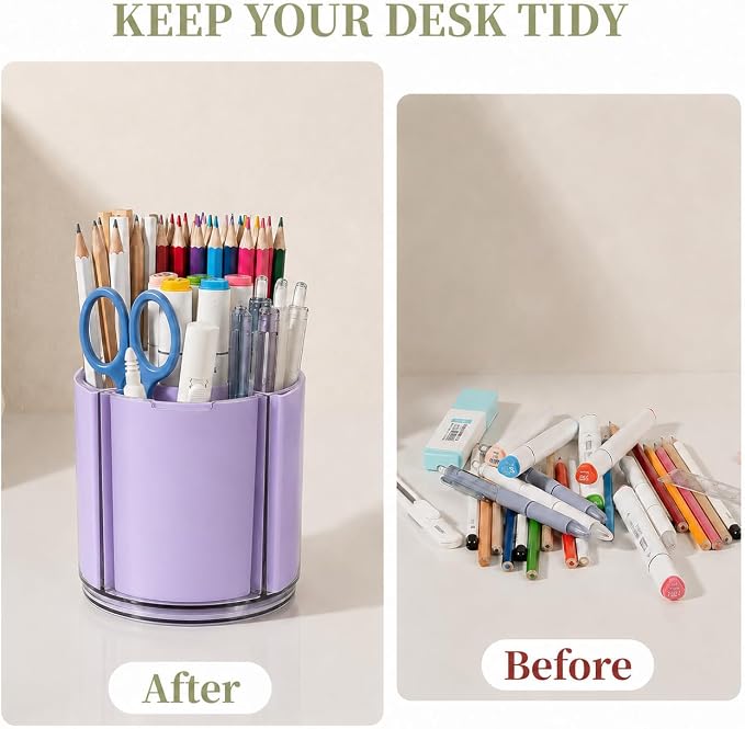 360° Rotating Pen Holder for Desk Adjustable Pencil Organizer, Purple | Plastic Pen Cup for Women Cute Office Supplies and Accessories Desktop Storage Box Art Caddy for School, Work, Home