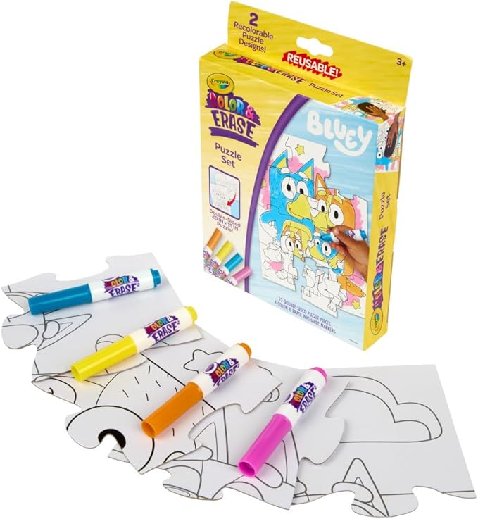 Crayola Color & Erase Bluey Puzzle Set, 12 Color in Puzzle Pieces, Reusable, Double Sided Kids Puzzle, Bluey Gift for Kids, 3+