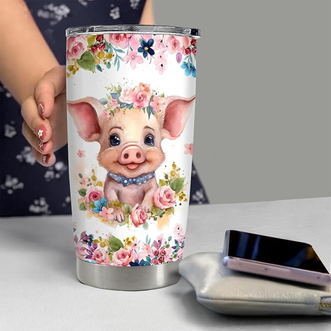 SANDJEST Pig Tumbler 20oz Stainless Steel Insulated Tumblers Coffee Travel Mug Cup Gift for Girls Teen Gifts for Birthday Christmas