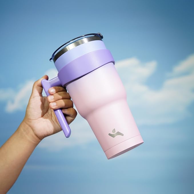 Konokyo 30 oz Tumbler with Handle and 2 Straw 2 Lid, Insulated Water Bottle Stainless Steel Vacuum Cup Reusable Travel Mug,Pastel Sunset