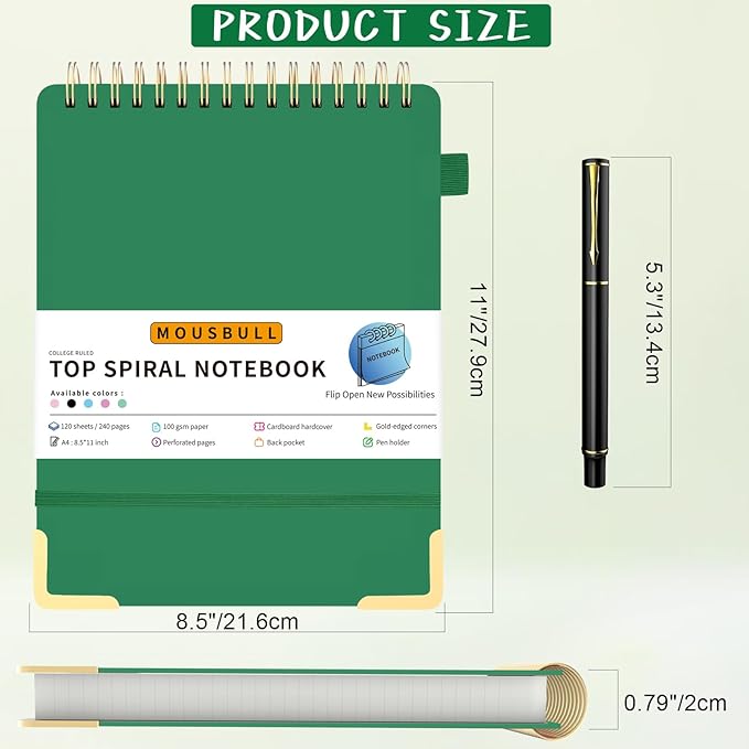 Top Spiral Notebook, A4 Hardcover Top Bound Steno Pads, 240 Pages 100gsm College Ruled Left Handed Notebook Journal for Work, School, Meeting Writing - Green, 8.5" x 11"