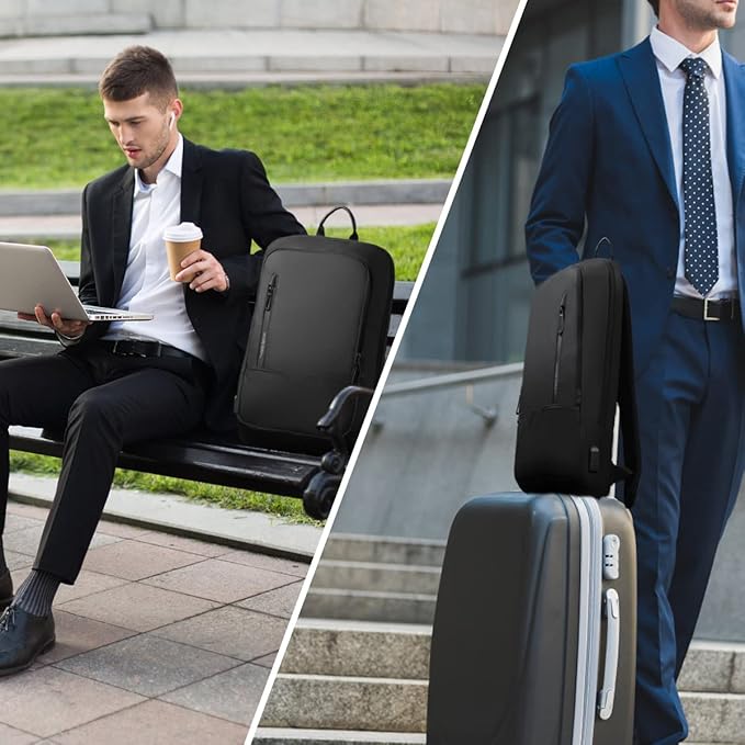 hk Backpack for Men Business Slim Backpack with USB Charger Computer Lightweight Anti-theft Travel Backpacks 15.6 inch Water Resistant Laptop Bag for Work Office College-Black