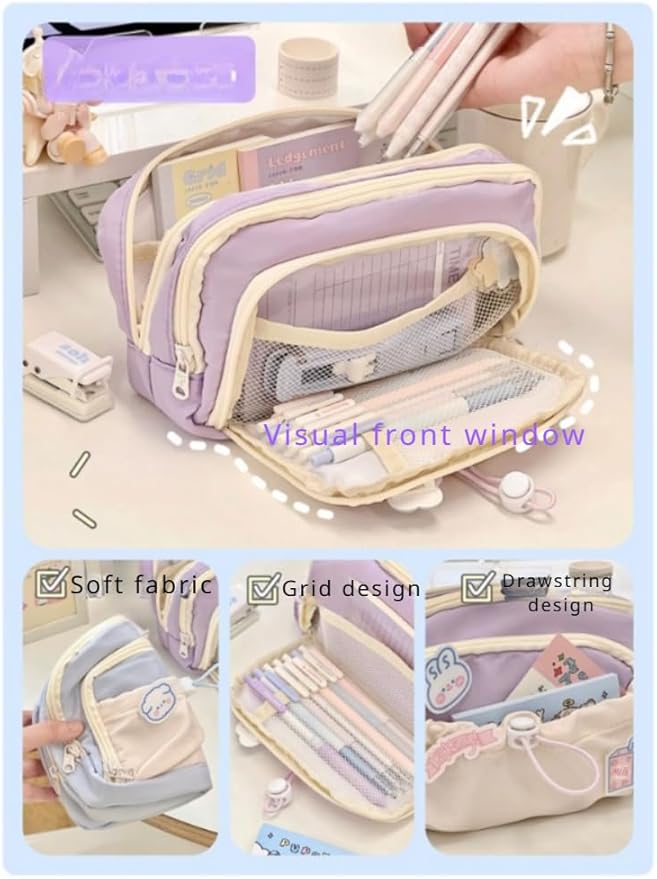 Cute Aesthetic Pencil Case Kawaii Pencil Case with Kawaii Pins Large Pencil Pouch Holder Preppy Supplies (black)