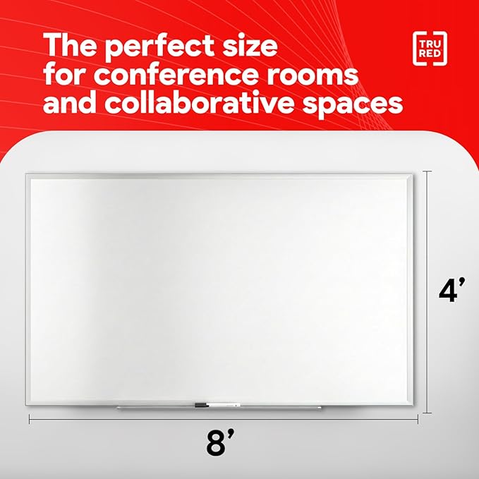 TRU RED Melamine Whiteboard | Large Dry Erase Board for Wall, White Board with Gray Frame, 8ft x 4 ft, 1 Black Marker Included