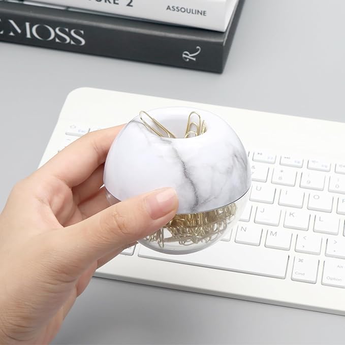 NatSumeBasics Marble Paper Clip Holder Magnetic Cute Paper Clips Dispenser with 100 Gold Paperclips for Desk Organizer Accessories Supplies (Marble)