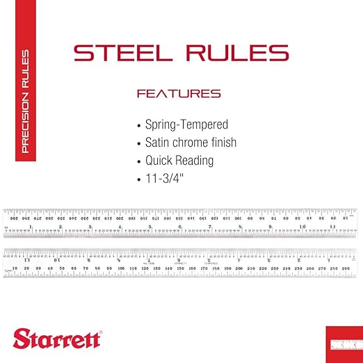 Starrett Spring Tempered Steel Rule with Satin Chrome Finish, Quick Reading, Millimeter and Inch Graduation - 11-3/4" Length, 36 Graduation Type, 1.2mm Thickness - C636-300