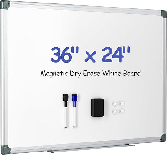 Magnetic White Board for Wall, 36" x 24" Dry Erase Board Kit with 2 Magnetic Dry Erase Markers, 4 Magnets, Eraser, Pen Tray & Mounting Kit – White Board Dry Erase for Home, Office, School