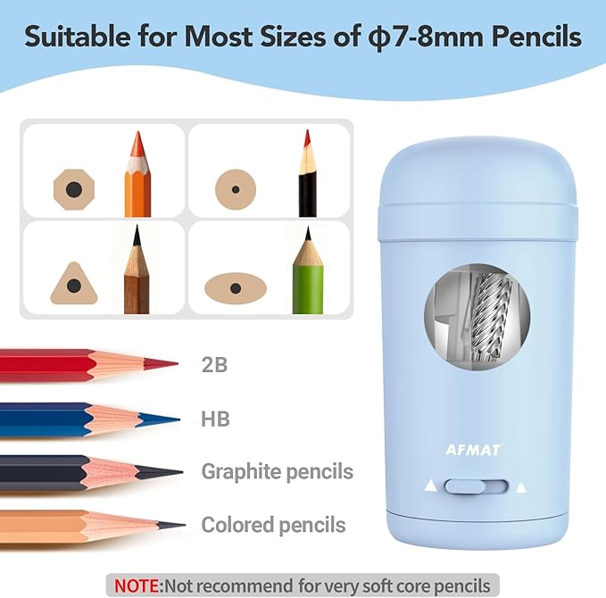 AFMAT Electric Pencil Sharpener, Fully Automatic Pencil Sharpener for 7-8mm Pencils & Colored Pencils, Auto in & Out, Rechargeable Vertical Hands-Free Sharpeners for Classroom/Home/Office PSX7(Blue)