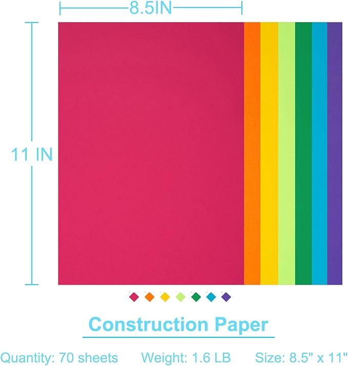 Construction Paper 8.5x11 in,70 Sheets,Set of 7 Colors Classic Rainbow 178GSM/65LB Heavyweight Construction Paper,Crafts,Arts,School Classroom Art Supplies Assorted Colors Bulk Paper