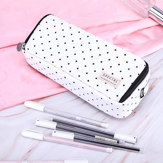iSuperb Large Pencil Case Big Capacity Pencil Pouch 3 Compartments Pen Bag Canvas Marker Pen Bag for Teen Boys Girls School Students (Black Polka Dot)