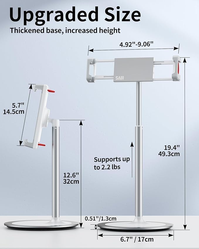 SAIJI iPad Stand for Desk - Tablet Holder Extra-Height 360° Rotating Adjustable Aluminum Alloy Cradle for 4.7"-15.6" iPhone Samsung Kindle Portable Monitor (Silver)