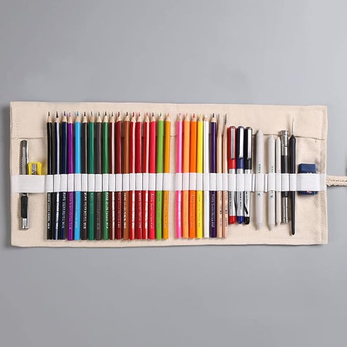 DIYOMR 24/36/72 Slots Pencil Wrap Pencil Rolls, Artist Colored Pencils Roll Up Bag Short Brushes Pouch Case Pencils Organizer for Drawing Coloring and Sketching (White, 36slots)