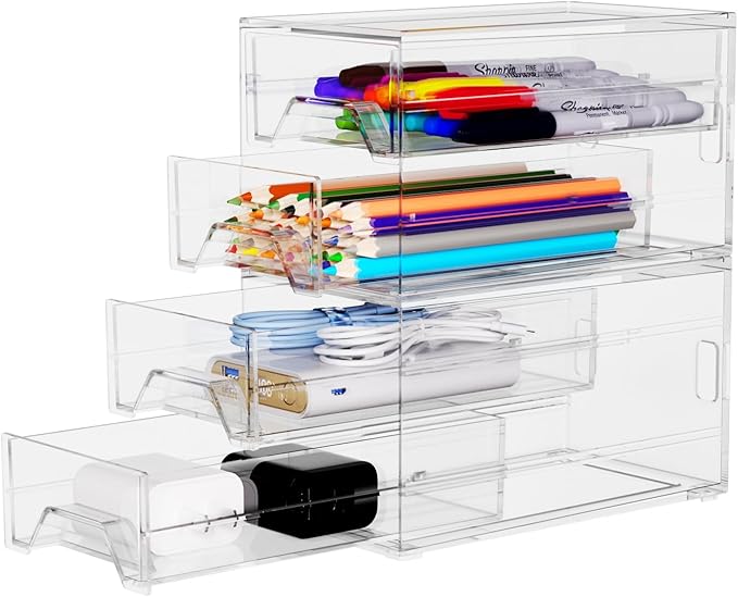 Clear Acrylic Desktop Organizer Drawers - Stackable Plastic Storage for Makeup, Craft Supplies, and Office Stationery - Transparent Vanity Cabinet & Aesthetic Desk Declutter Unit