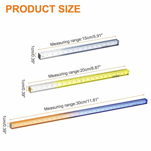 HARFINGTON 3pcs Acrylic Clear Straight Rulers 15/20/30cm Metric Transparent Gradient Three-Dimensional Plastic Ruler Square Cube Measuring Tool for Office, Gray/Sky Blue/Blue-Orange
